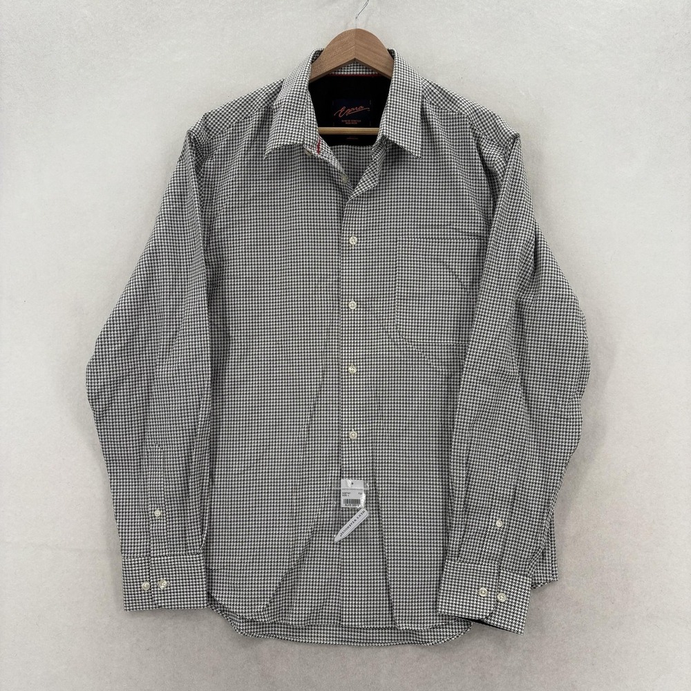Egara Dress Shirt Mens Large Gray Houndstooth Slim Fit Stretch Non Iron Business